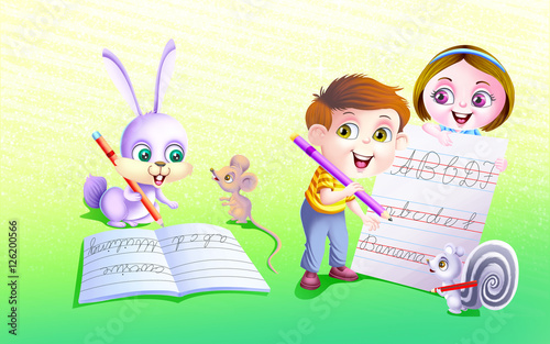 Boy and girl doing cursive ...