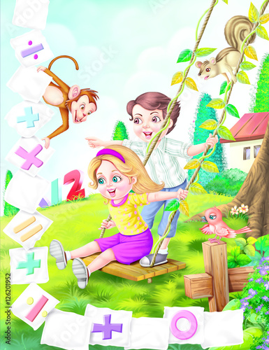 Boy and girl with sign of mathematic