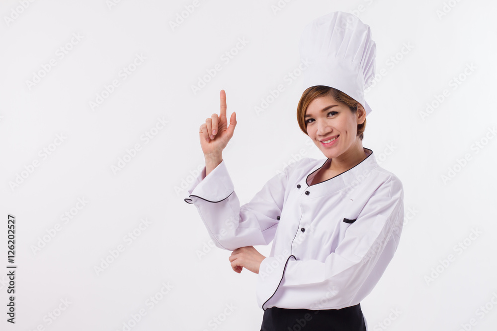 female asian chef pointing up one finger gesture