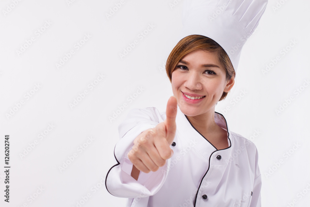 happy, smiling, positive, successful woman chef showing thumb up gesture happy, smiling, positive, successful woman chef showing thumb up gesture