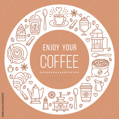 Coffee shop poster template. Vector line illustration of coffeemaking equipment. Elements - espresso cup, french press, croissant, hot drinks, cupcake, coffee grinder. Cafe, bar banner design