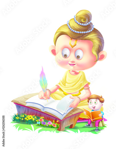 Boy reads with a saint