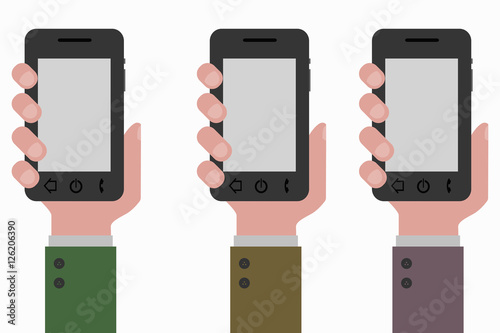 three hands grabbing smartphone