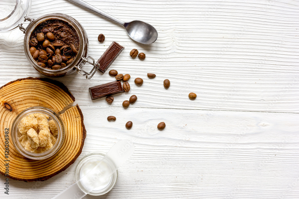 Organic cosmetics based on coffee top view wooden background Organic cosmetics based on coffee top view wooden background