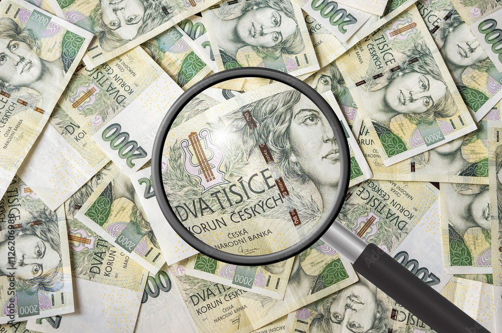 Czech money background with magnifying glass - obrazy, fototapety, plakaty 