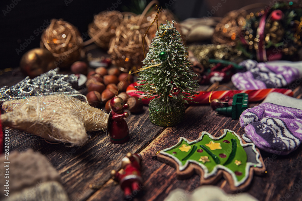 Christmas or New Year dark wooden background Christmas or New Year dark wooden background