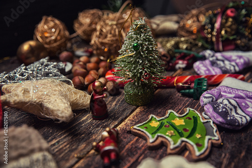 Christmas or New Year dark wooden background