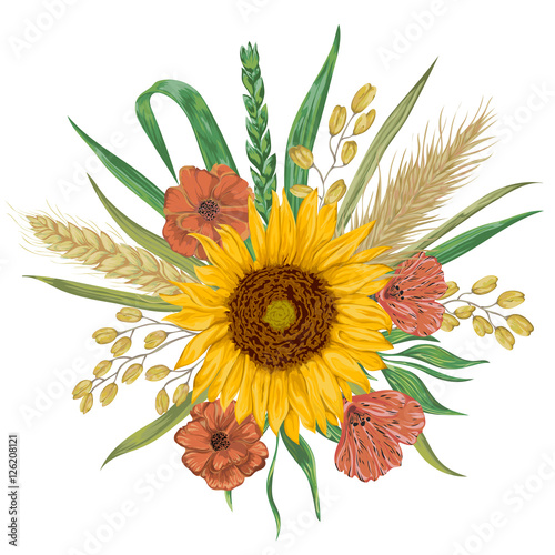Fototapeta Naklejka Na Ścianę i Meble -  Sunflower, barley, wheat, rye, rice, poppy. Collection decorative floral design elements. Isolated elements. Bouquet with cereals and flowers. Vintage vector illustration in watercolor style.