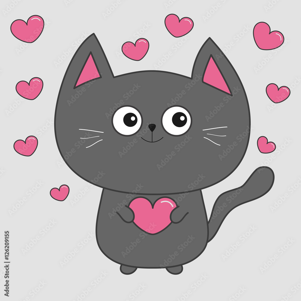 Gray contour cat holding pink heart set. Cute cartoon character. Kawaii animal Pet collection. Flat design.