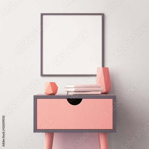 Mockup poster in the interior with a table in trendy colors. 3d