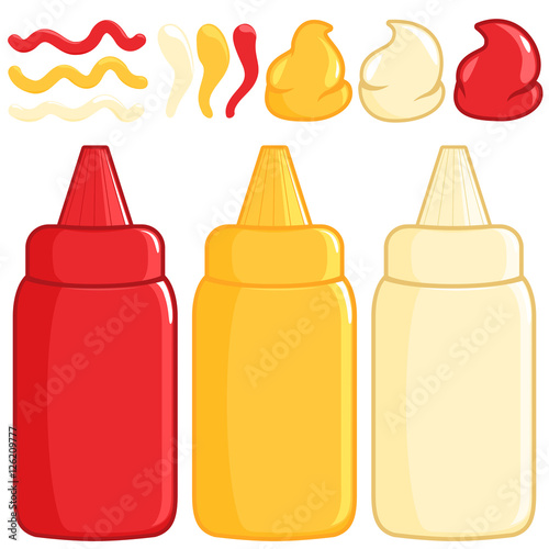 Bottles with sauces of tomato ketchup, mustard and mayonnaise. Vector illustration
