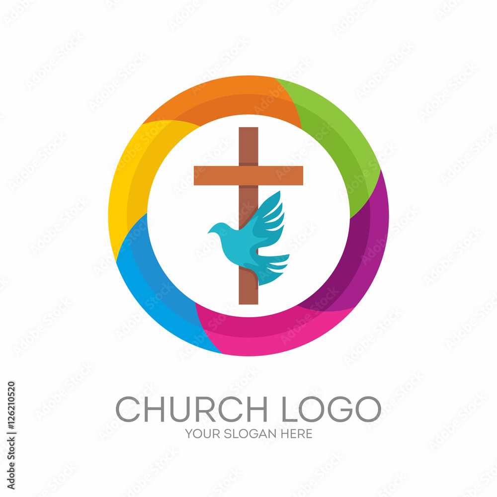 Obraz premium Church logo. Christian symbols. The Cross of Jesus, the Holy Spirit - Dove.
