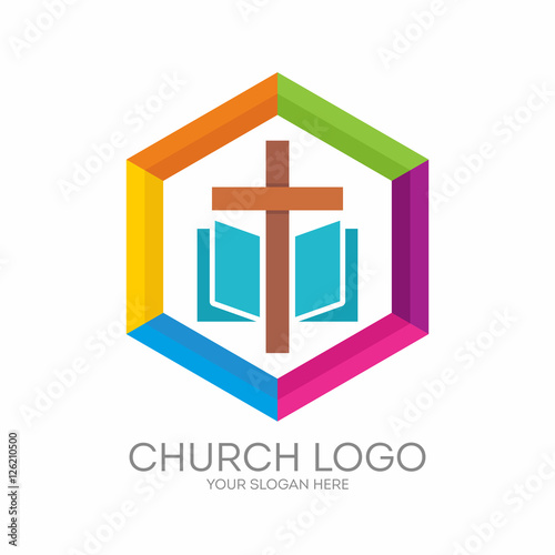 Church logo. Christian symbols. The Cross of Jesus, the Bible - God's Holy word