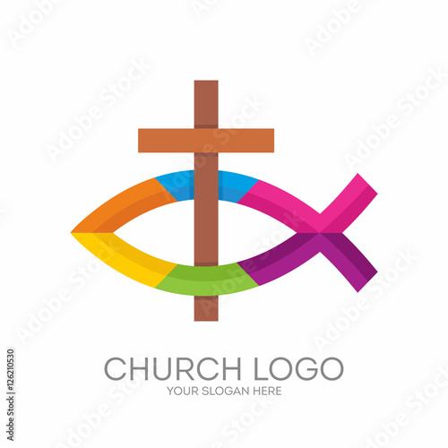 Church logo. Christian symbols. The cross of Jesus and the Christian sign of the fish