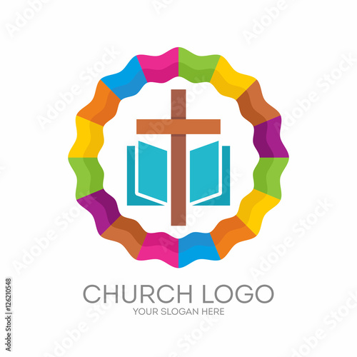 Church logo. Christian symbols. The Cross of Jesus, the Bible - God's Holy word
