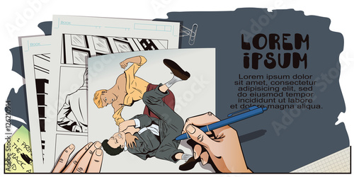 Woman beats man. Hand paints picture.