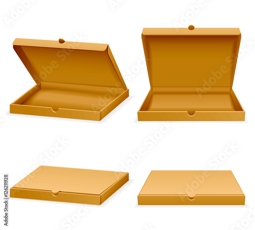 Vector isometric pizza cardboard box. Opened and closed packaging