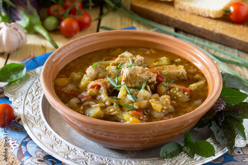 Buglama Georgian. Traditional hot ragout with meat and vegetable photo
