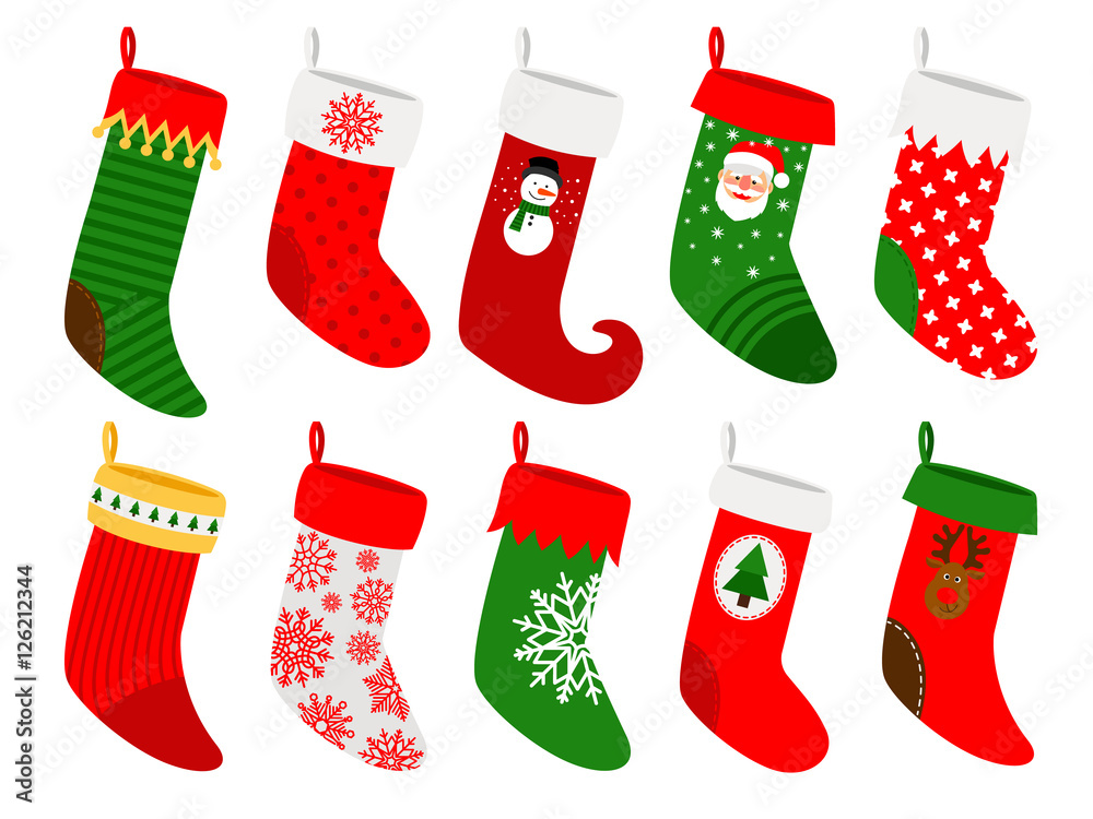 Christmas socks. Vector striped hanging stockings with snowflakes isolated on white background 