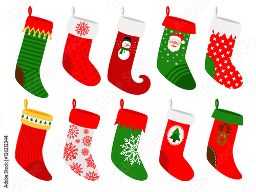 Christmas socks. Vector striped hanging stockings with snowflakes isolated on white background