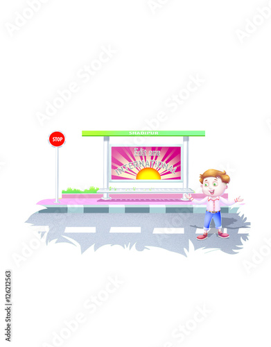 Boy on a bus stand