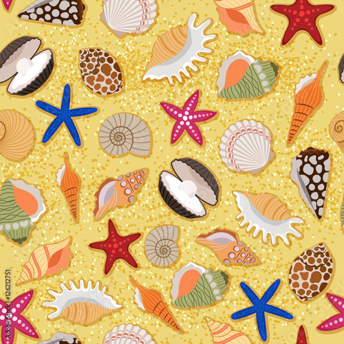 Marine beach sand background with sea shells seamless pattern. Vector illustration