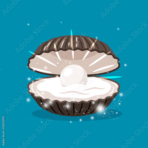 Glitter shell with pearl inside and sparkles vector illustration