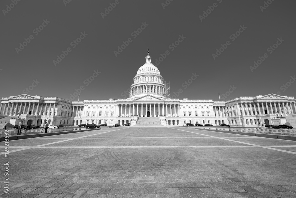 Front view of the Capitol Building with the Senate and House of Representatives in Washington DC, USA in bleak black and white