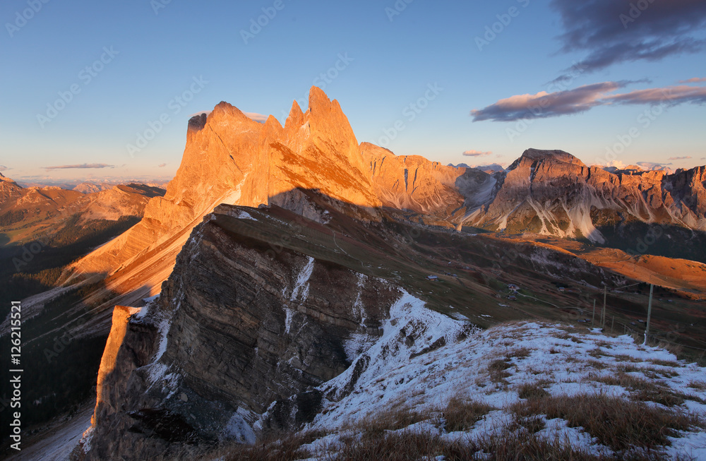 peak Seceda hills of Odle group at Val Gardena Dolomites Italy