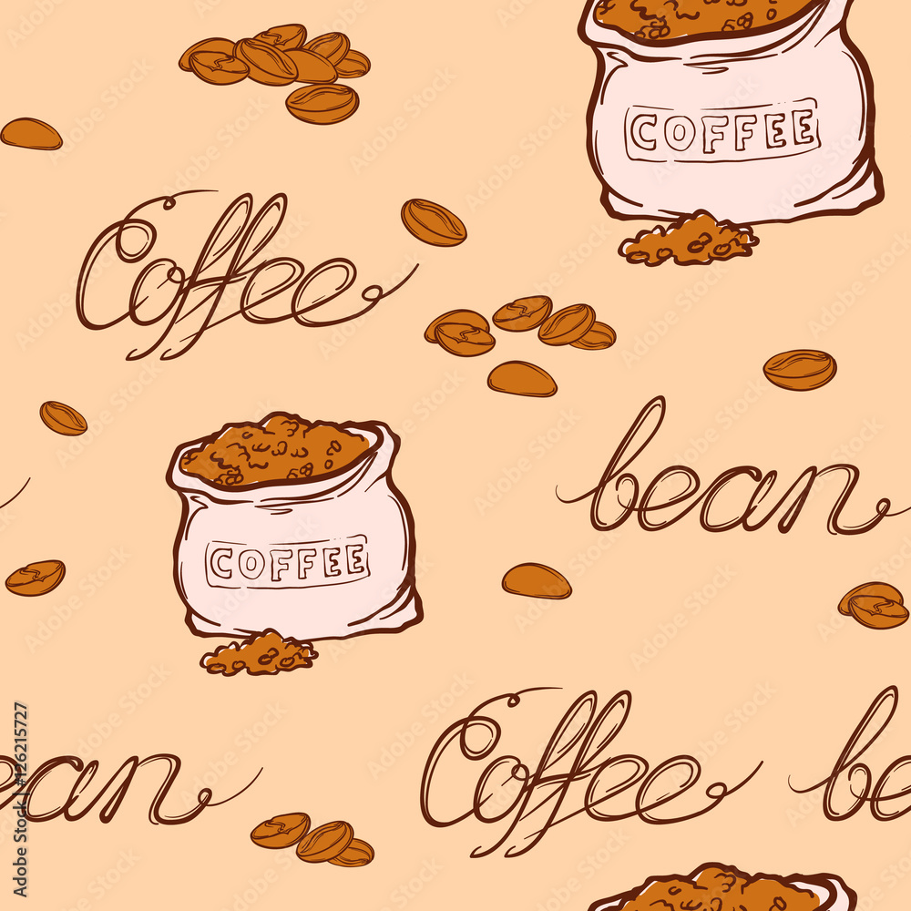 Seamless coffee background with coffee cargo package and coffee beans. Hand drawn illustration in sketch style. EPS10 vector illustration Seamless coffee background with coffee cargo package and coffee beans. Hand drawn illustration in sketch style. EPS10 vector illustration