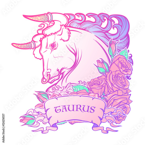 Zodiac sign of Taurus. with a decorative frame of roses Astrology concept art. Tattoo design. Sketch in pastel pallette isolated on white background. EPS10 vector illustration.