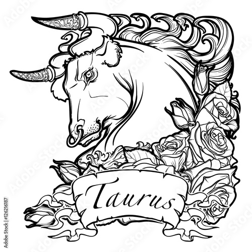 Zodiac sign of Taurus. with a decorative frame of roses Astrology concept art. Tattoo design. Black and white sketch isolated on white background. EPS10 vector illustration.