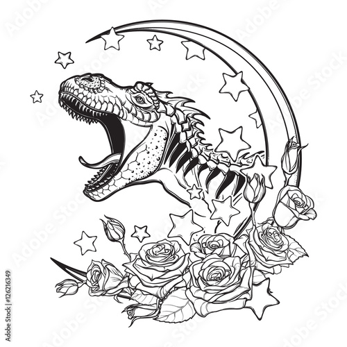 Detailed sketch style drawing of the roaring tyrannosaurus rex on a Moon and roses frame. Tattoo design. Concept art drawing. Sketch Isolated on white background. EPS10 vector illustration.