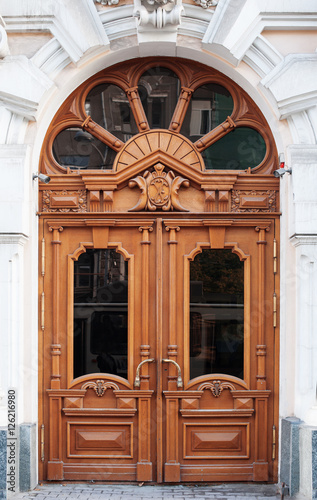 old wooden Front Door of a Traditional European Town House