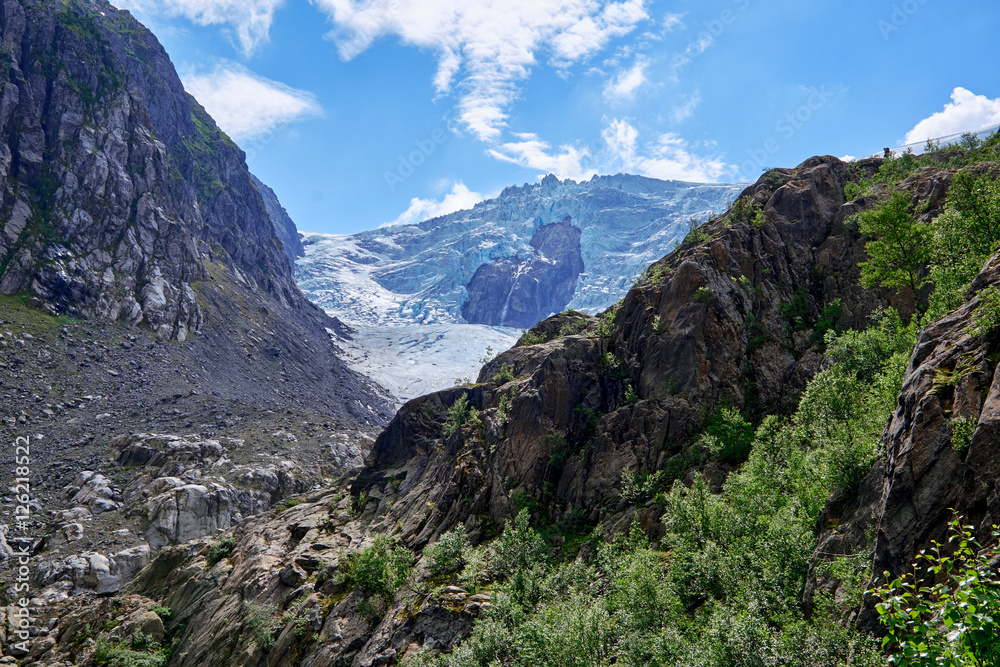 Looking a canyon to the top of Folgefonna glacier in Norway