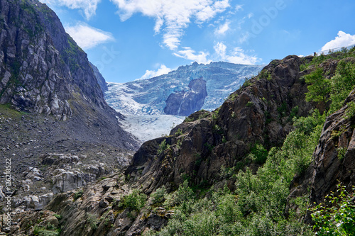 Looking a canyon to the top of Folgefonna glacier in Norway