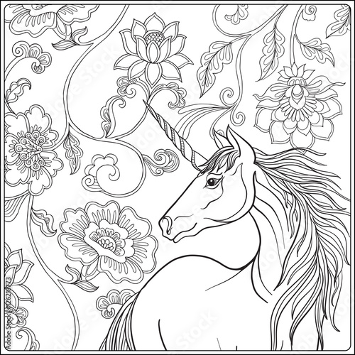 Unicorn in magical garden.