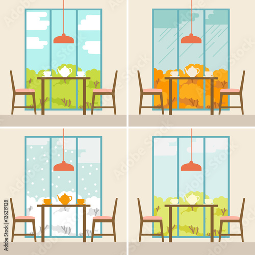 Vector illustration of the dining rooms in different seasons