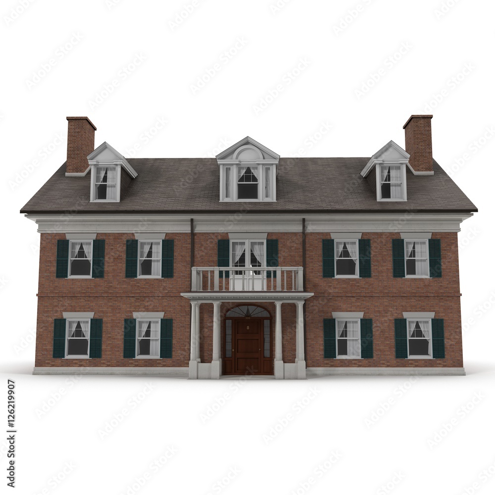 Colonial style reproduction home exterior on white. Front view. 3D illustration