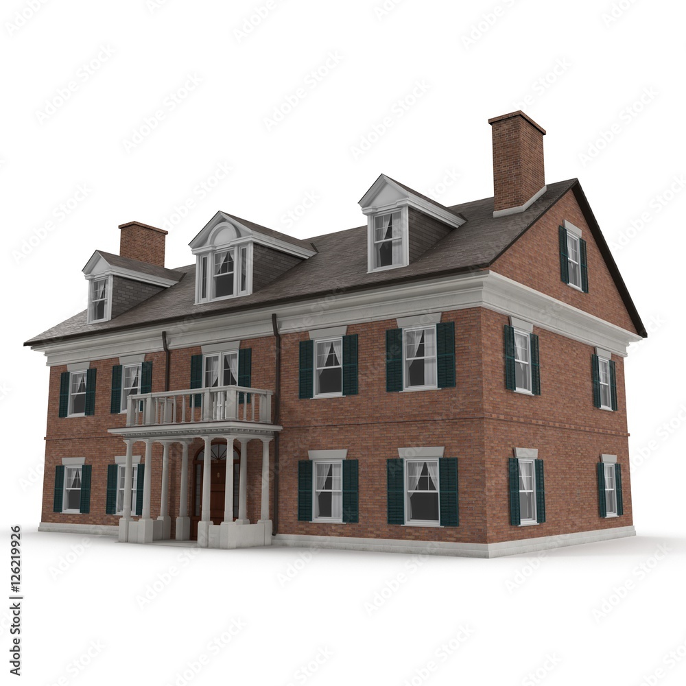 Colonial style reproduction home exterior on white. 3D illustration