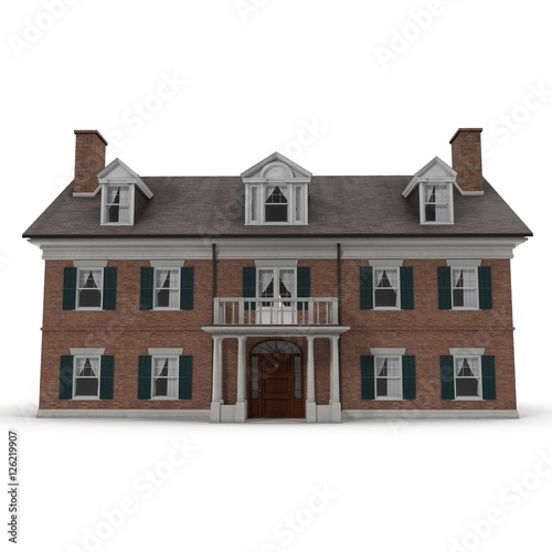 Colonial style reproduction home exterior on white. Front view. 3D illustration