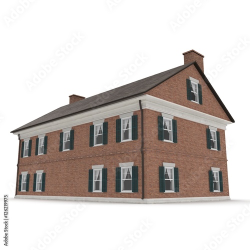 Large two story vintage Colonial style house on white. 3D illustration © 2dmolier