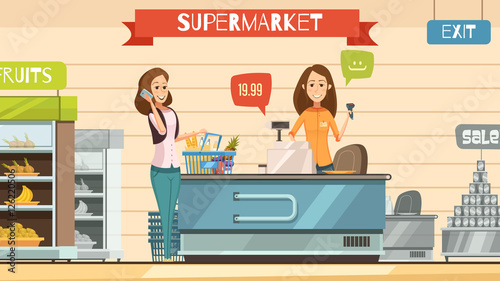 Supermarket Cashier at Register Retro Cartoon Poster 