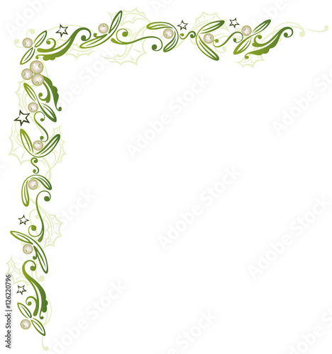 Misteln mit Stechpalmen und Sternen. Grüner floraler Rahmen mit Ranken und dekorativen Blätter Ornament.