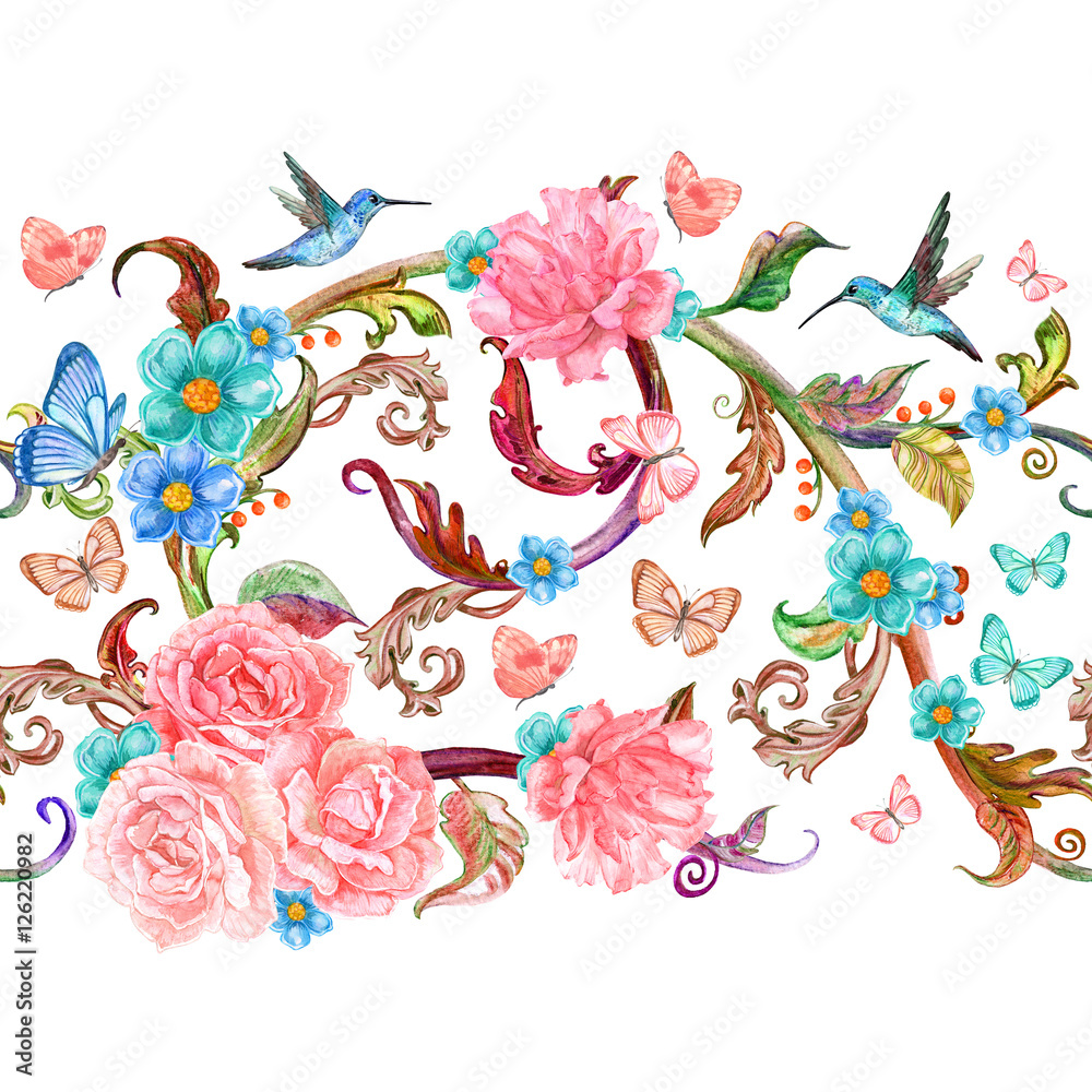 Obraz premium seamless border with flowers and butterflies for your design. wa
