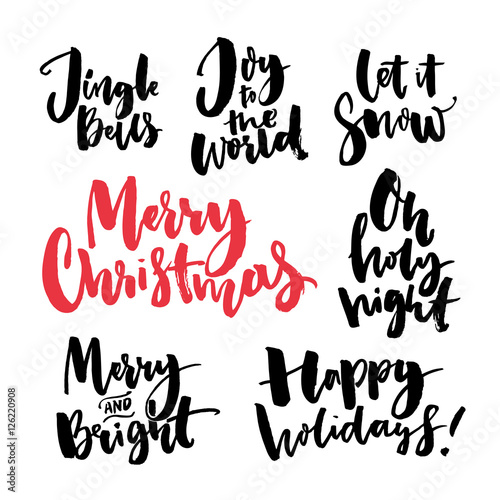Merry Christmas text and seasonal greetings. Handwritten brush calligraphy words for greeting cards and gift tags. Christmas wishes set  merry and bright  happy holidays  joy to the world  let it snow
