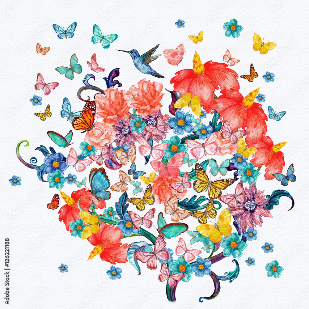 Naklejka streszczenie kwiatowy drzewo z latającymi motylami. malowanie akwarelą