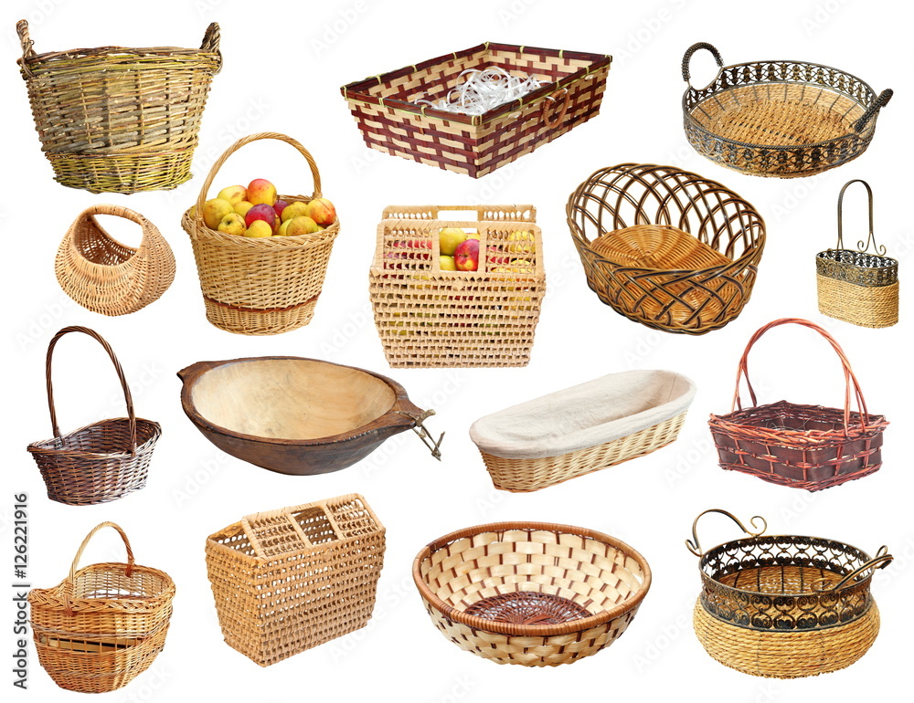 isolated collection of wicker baskets isolated collection of wicker baskets