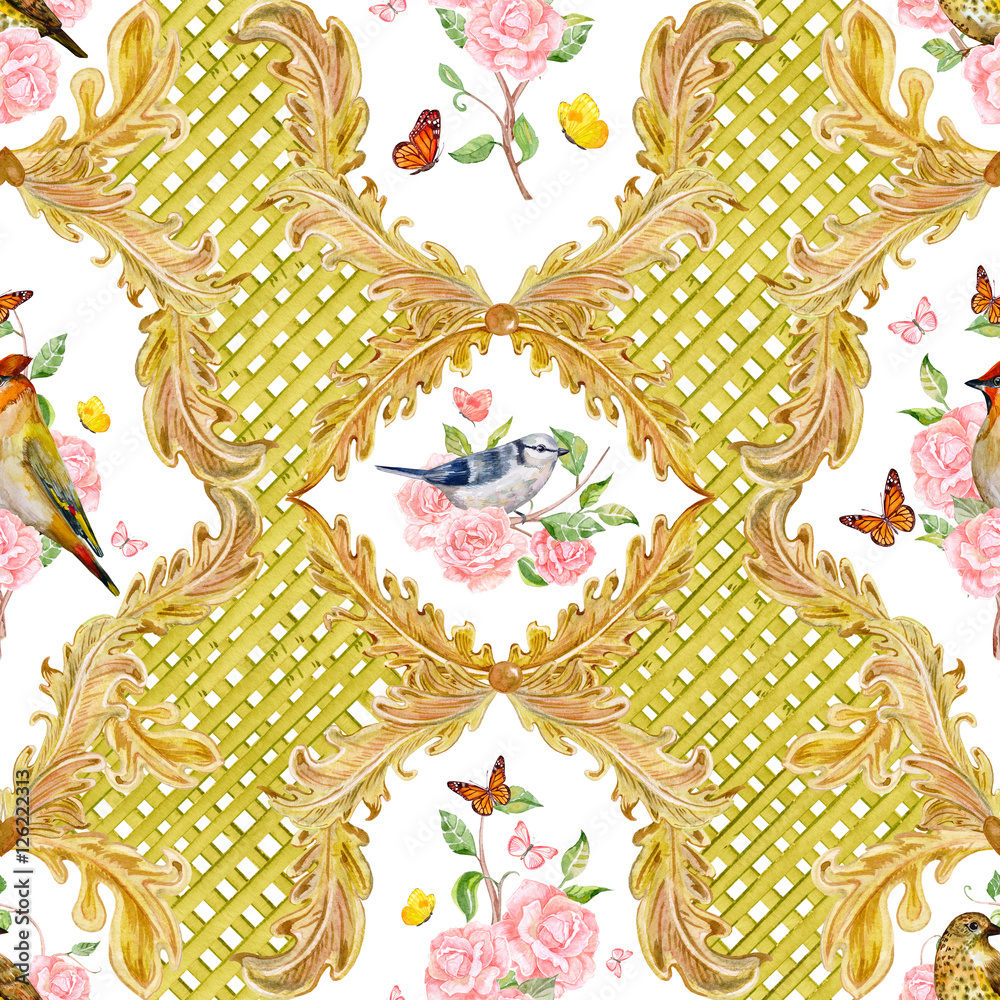 Obraz premium gold seamless texture with golden floral scroll filigree and bir