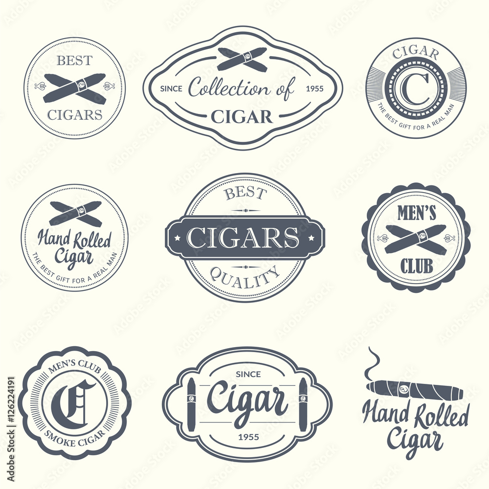 Vector Illustration with logo and labels. Simple symbols tobacco cigar. Traditions of smoke. Decorative elements icon for your design. Gentleman style. Vector Illustration with logo and labels. Simple symbols tobacco cigar. Traditions of smoke. Decorative elements icon for your design. Gentleman style.